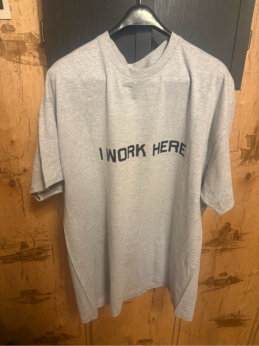 I WORK HERE Gray Men's Crewneck T-Shirt